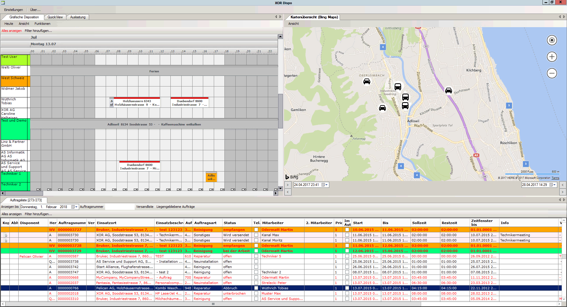 Oberfläche der Einsatzplanung mit Disposition, Auftragsliste und Karte